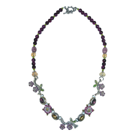 Amethyst, Hand Enameling Floral Sterling Silver Necklace