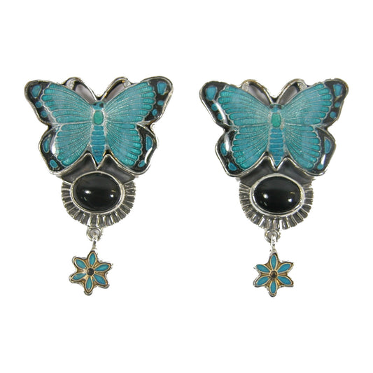 31556 Hand Enamel Blue Butterfly Black Onyx Sterling Silver Pin and Pendant
