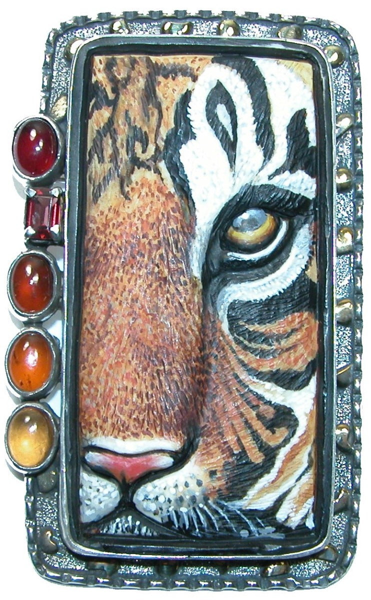 Carved Tiger Hessonite Carnelian Sterling Silver Pin and Pendant