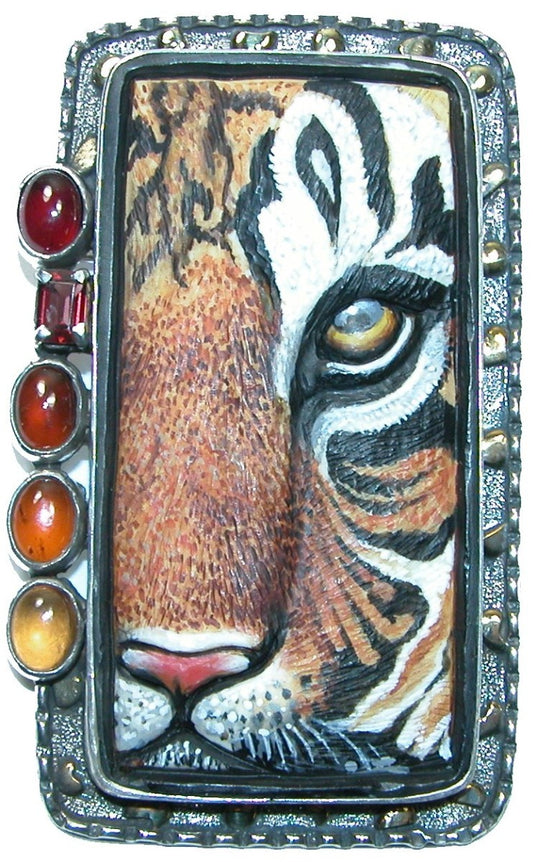 Carved Tiger Hessonite Carnelian Sterling Silver Pin and Pendant