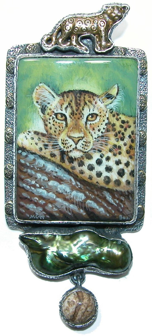 Hand Painted Leopard Onyx Freshwater Pearl Sterling Silver Pin and Pendant