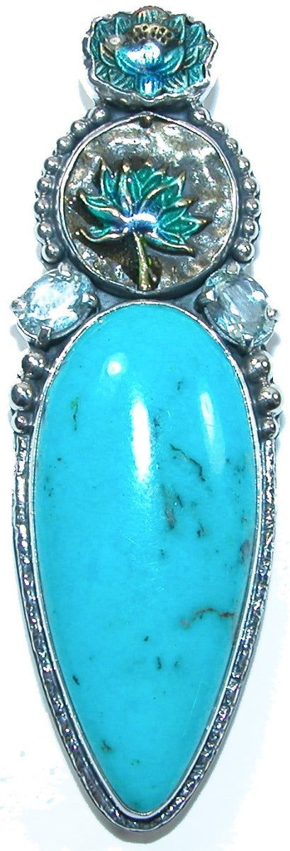 31569 Turquoise Blue Topaz Lotus Sterling Silver Pin Pendant
