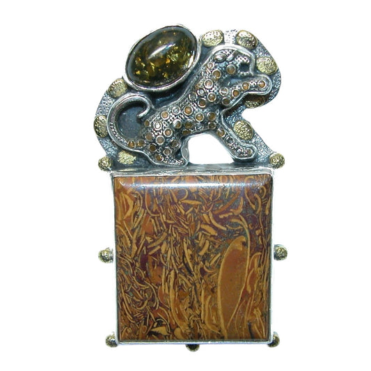 31570 Amber Jasper Enamel Leopard Sterling Silver Pin Pendant