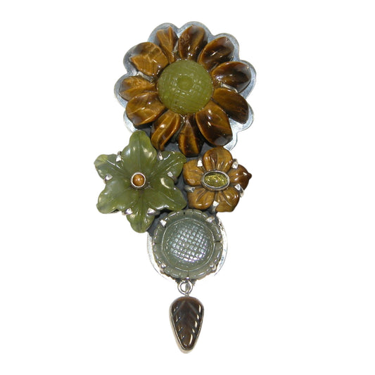 31572 Carved Tiger Eye Daisy Sterling Silver Pin and Pendant