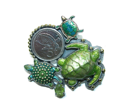 Green Enamel Turtle Peridot Coin Cluster Sterling Silver Pin and Pendant