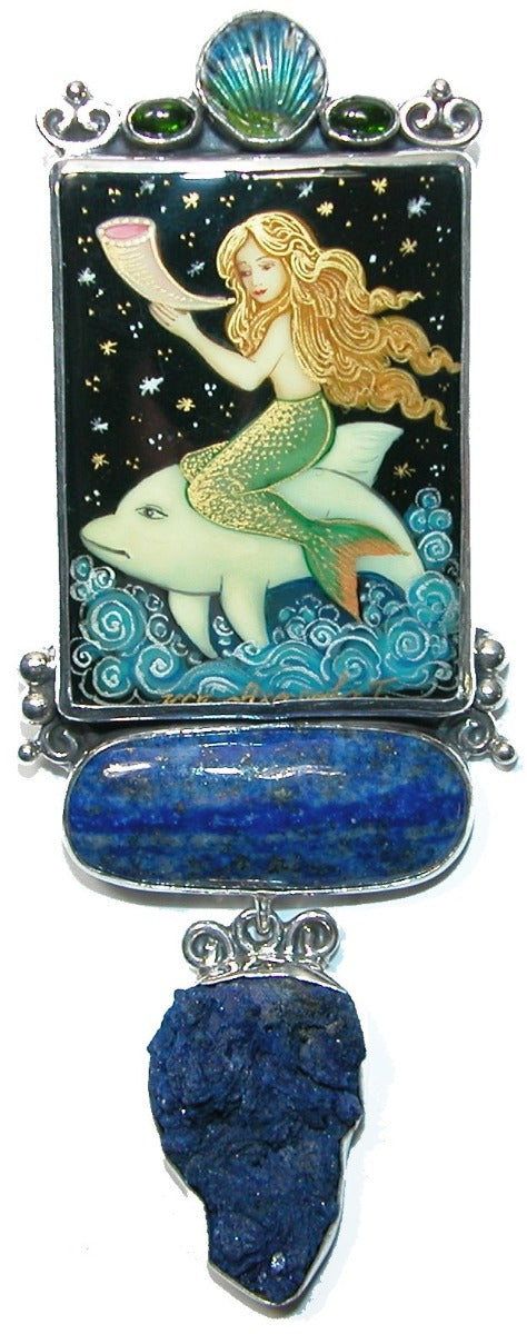 Hand Painted Mermaid Lapis Azurite Sterling Silver Pin and Pendant