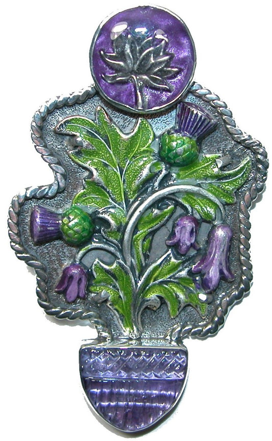 Purple Enamel Thistle Amethyst Lotus Sterling Silver Pin and Pendant
