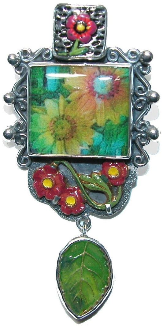 31583 Handmade Flower Tile Enamel Sterling Silver Pin Pendant