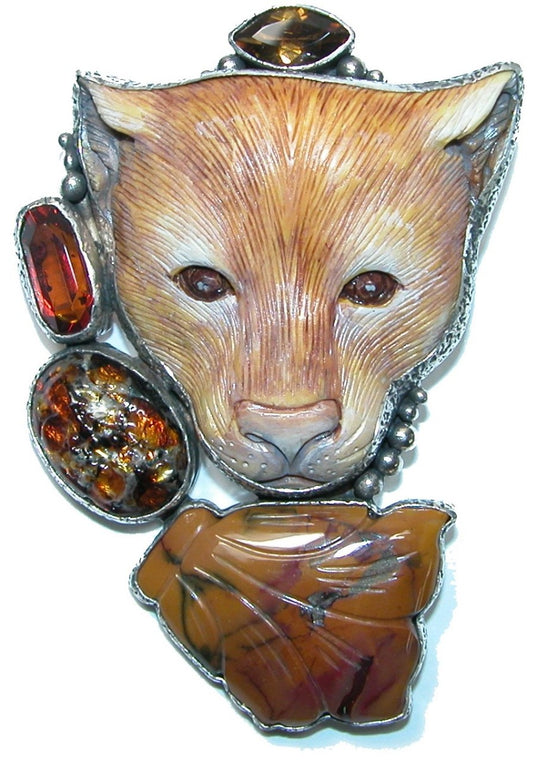 31584 Carved Wild Cat Baltic Amber Mookite Jasper Sterling Silver Pin Pendant