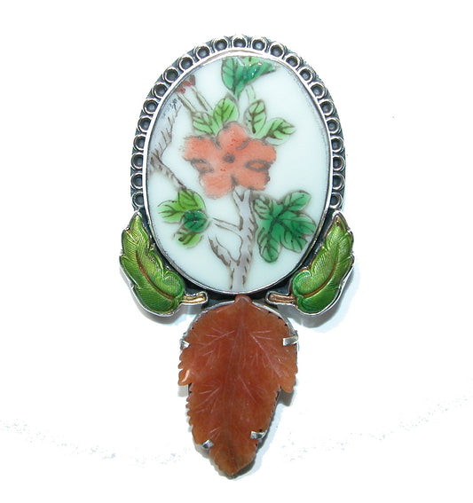 Floral Porcelain Carved Leaf Sterling Silver Pin and Pendant