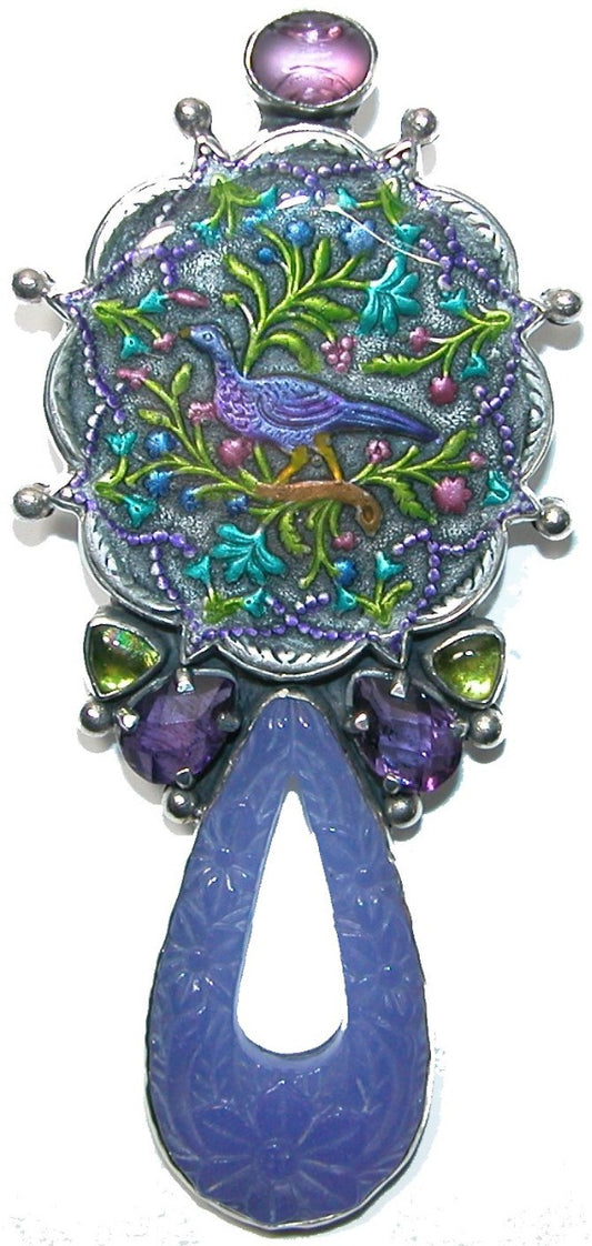 31588 Amethyst Vesuvianite Enamel Bird Sterling Silver Pin and Pendant