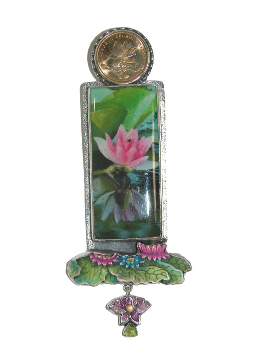 31589 Hand Made Tile, Hand Enameling, Peridot Sterling Silver Pin and Pendant