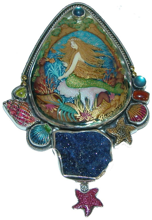 Hand Painted Mermaid Azurite Enamel Sterling Silver Pin Pendant