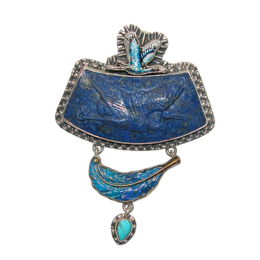 31591 Hand Carved Lapis, Turquoise Sterling Silver Pin and Pendant