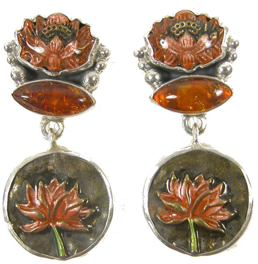31594 Amber Enamel Lotus Sterling Silver Earring