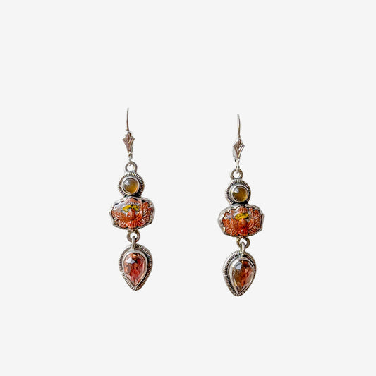 31598L Moonstone, Quartz, Hand Enameled Lotus Earrings