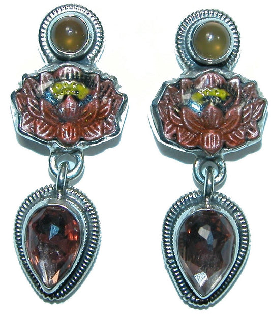 31598 Hessonite Enamel Lotus Quartz Sterling Silver Earring