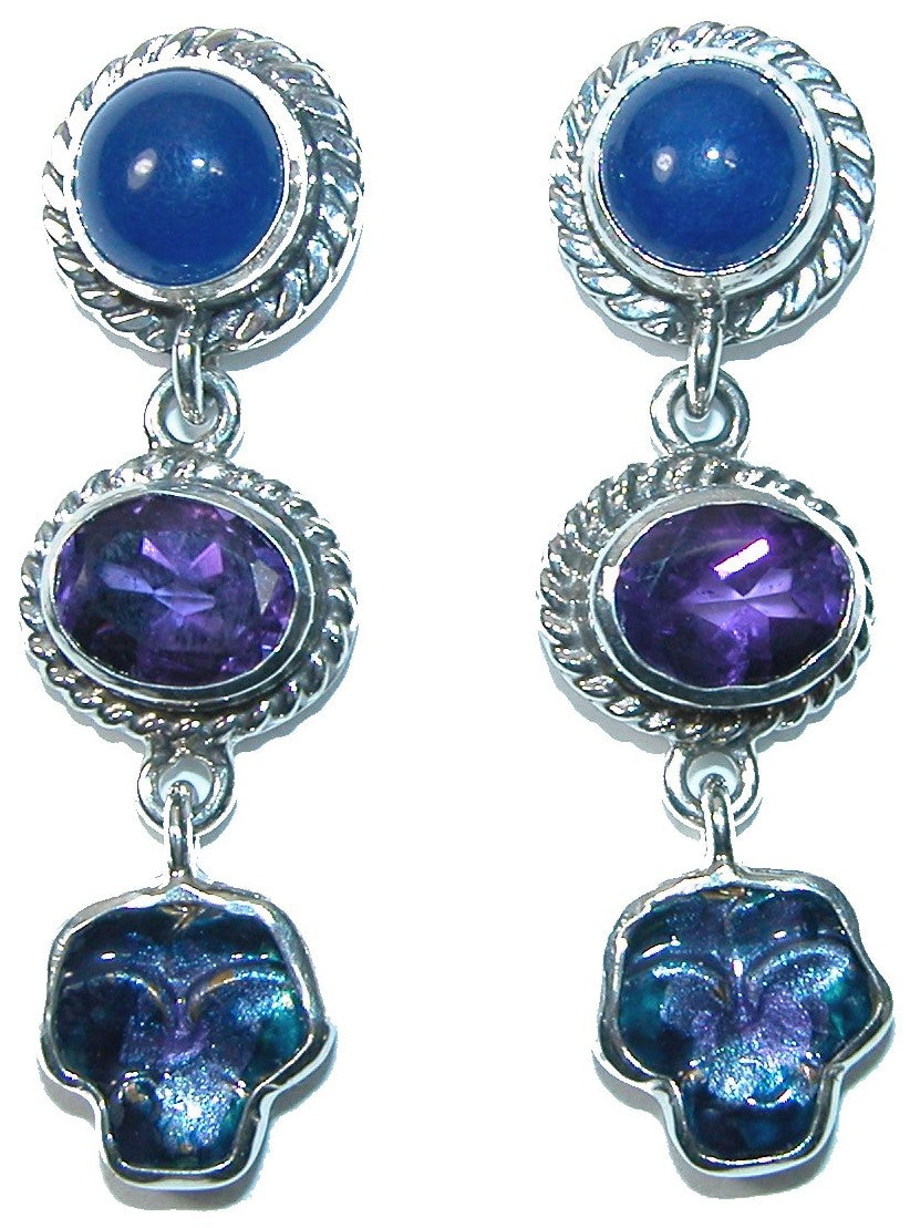 Lapis Amethyst Enamel Flower Sterling Silver Earring