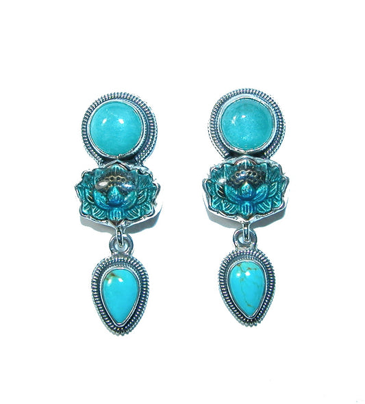 Turquoise Enameled Lotus Sterling Silver Dangle Earrings