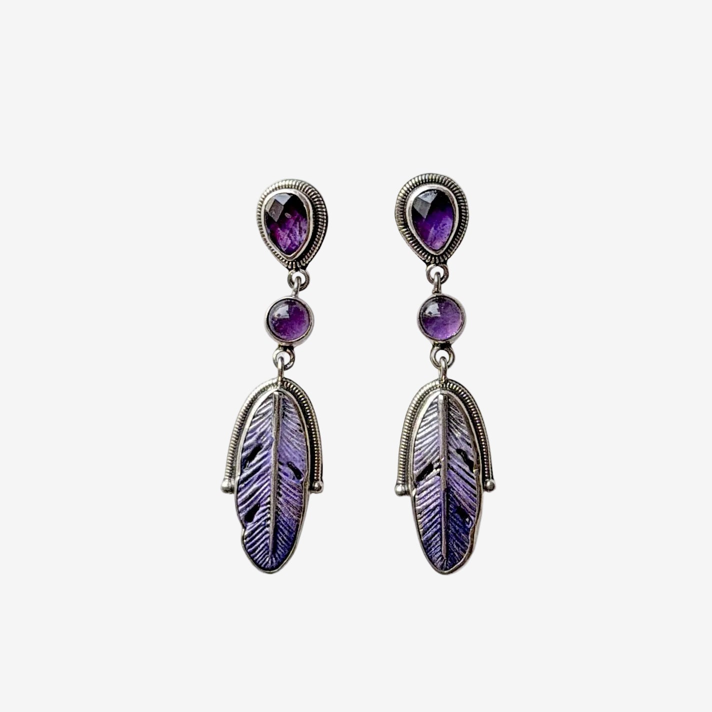 31615A Amethyst, Hand-Enameled Feather, Sterling Silver Earrings