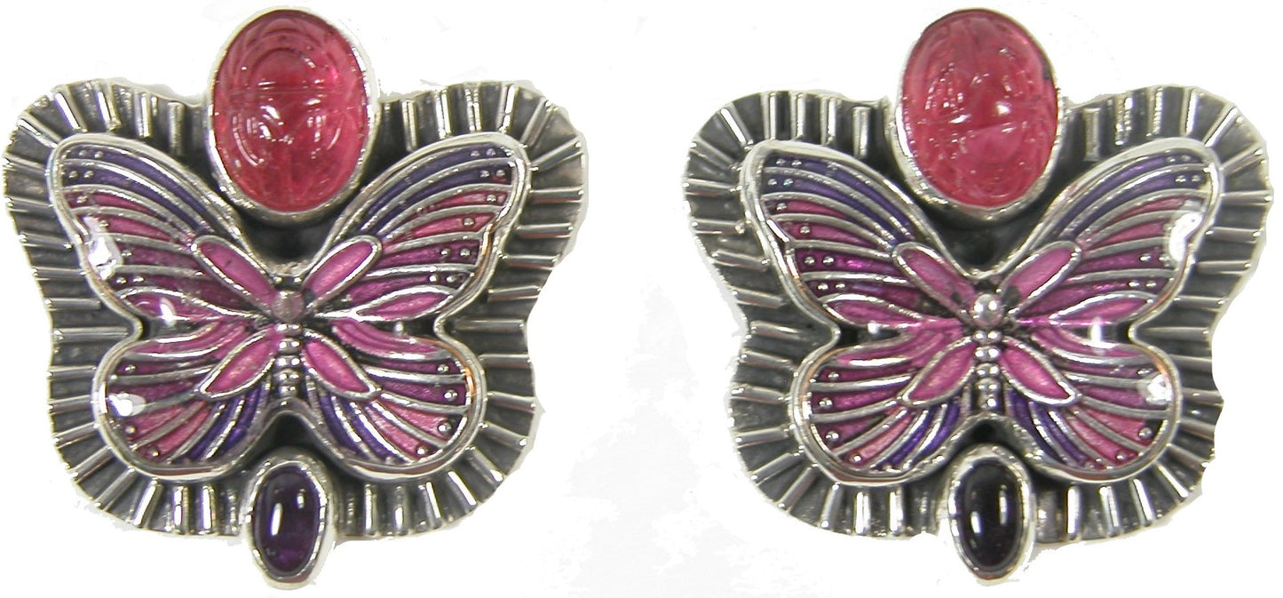 Hand enameled pink butterfly with Vintage Glass Scarabs Sterling Silver Earring