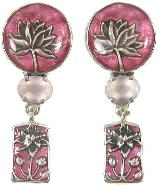 31617 Hand Enameled Pink Flower Rose Quartz Dangle Sterling Silver Earring