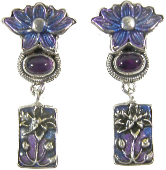 31620 Hand Enameled Lotus Flower with Amethyst with Hand Enameled Flower drop sterling Silver Earring