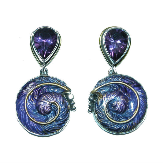 31621 Amethyst Enamel Feather Swirls Sterling Silver Earrings
