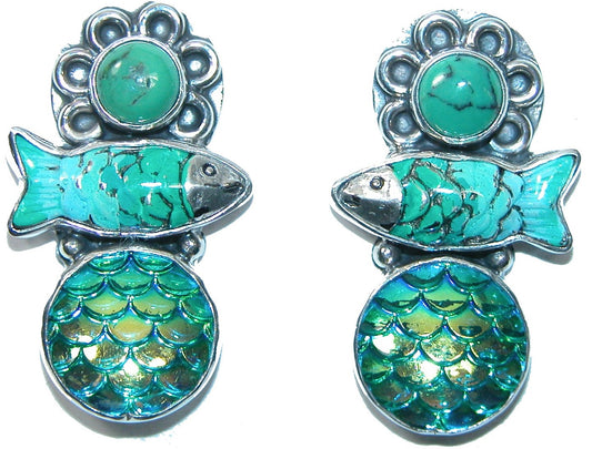 31623 Enamel fish Vintage Glass Turquoise Sterling Silver Earring
