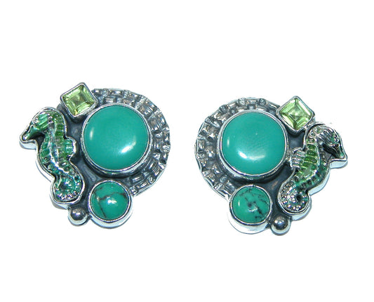 Turquoise Seahorse Cluster Sterling Silver Earrings