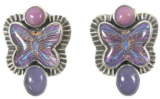 31626 Hand Enameled Butterfly Phosphosiderite Sterling Silver Stud Earring