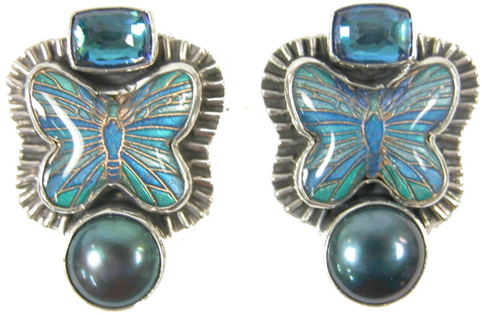 31626A Blue Hand Enameled Butterfly Pearl Sterling Silver Earring