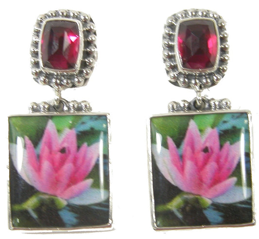 Raseberry Celestial Quartz Hand Made Tile Lotus Sterling Silver Earrings