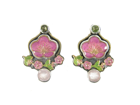 31633A Rose Quartz, Peridot Hand Enameling Flower Sterling Silver Earrings