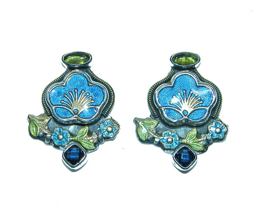 31633D Hand Enamel Flower, Peridot, Quartz, Sterling Silver Earrings
