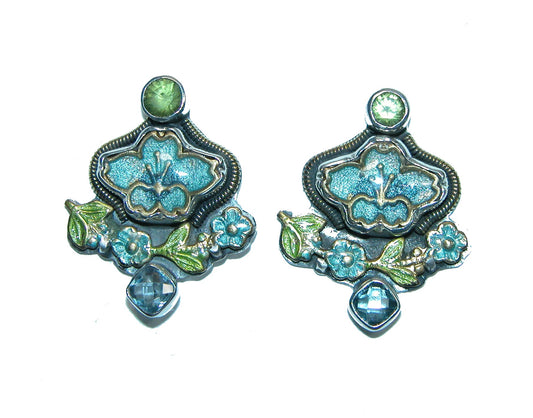 31633F Hand Enamel Flower, Peridot, Quartz, Sterling Silver Earrings