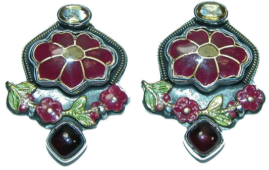 31633 Citrine Garnet Red Enamel Flower Sterling Silver Earring