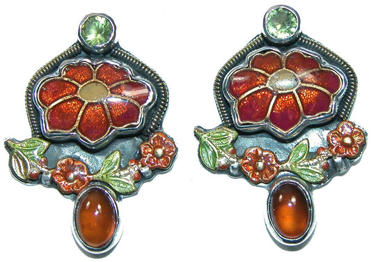 31633E Peridot Hessonite Enamel Flower Sterling Silver Earring