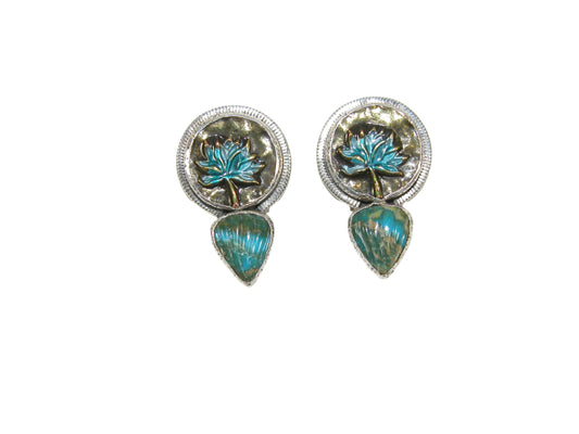 31637 Peruvian Opal with Hand Enameled Lotus Flower Sterling Silver Earrings