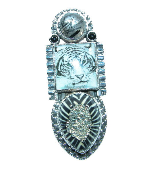 31647 Hand Made Tiger Tile with Tourmalated Quartz, Onyx and Enamel over Gold clad Window Drusy Sterling Silver Pin Pendant