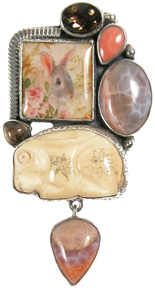 31648 Handmade Rabbit Tile Fire Agate Smoky Quartz Sterling Silver Pin Pendant