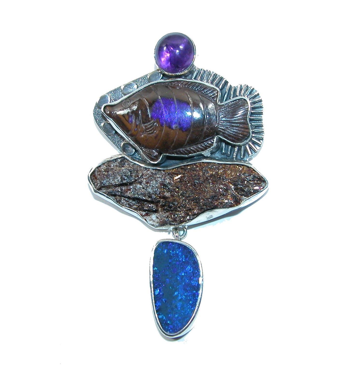 Carved Fish Amethyst Sterling Silver Pin and Pendant