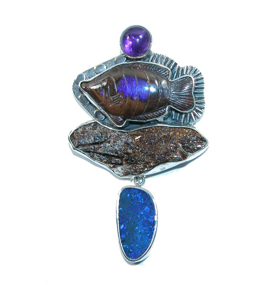 Carved Fish Amethyst Sterling Silver Pin and Pendant