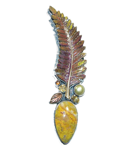 31651 Enamel Leaf, Bumble Bee Jasper, Sterling Silver Pin and Pendant