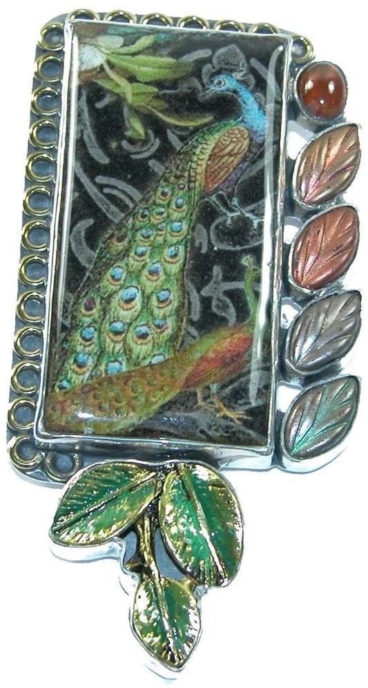 31653 Handmade Peacock Tile Carnelian Sterling Silver Pin Pendant