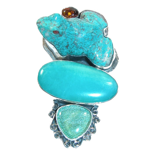 Carved Frog Turquoise, Baltic Amber, Amazonite, Quartz Sterling Silver Pin Pendant