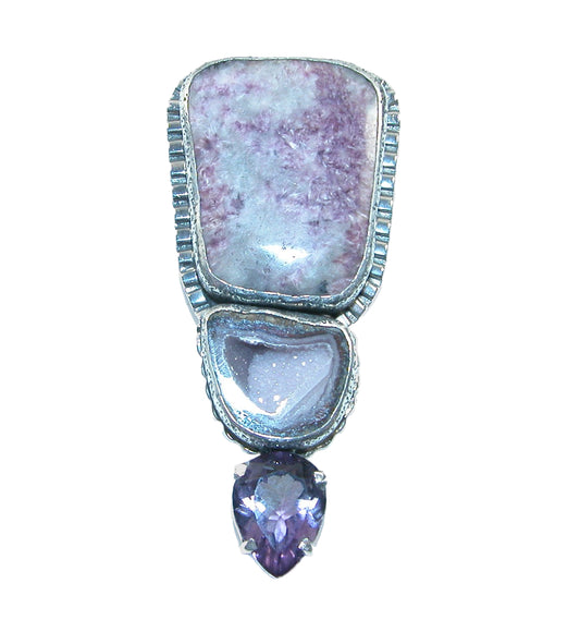 31655 Amethyst, Lepidolite, Drusy Geode, Sterling Silver Pin and Pendant