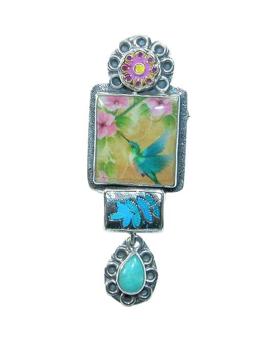 31658 Hand Enameling, Hand Made Tile Sterling Silver Pin and Pendant