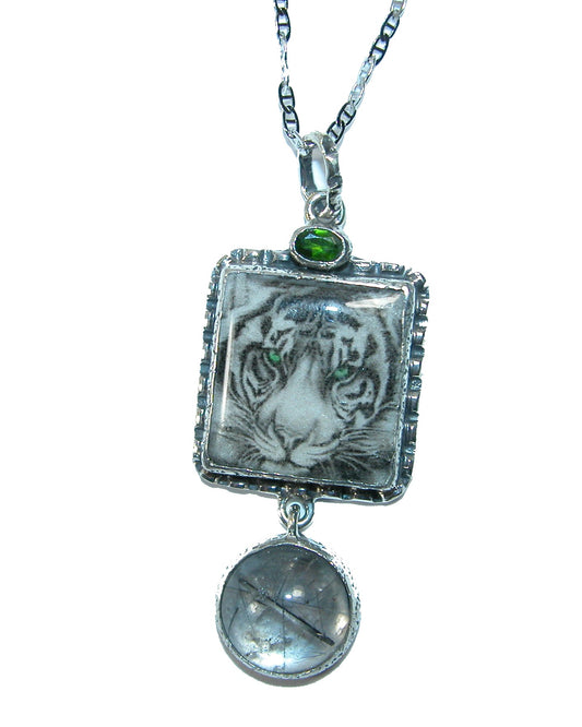 31660 Tiger Hand Made Tile Sterling Silver Necklace