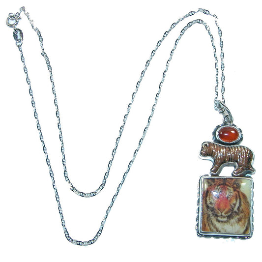 31669 Handmade Tiger Tile Sterling Silver Pendant Necklace